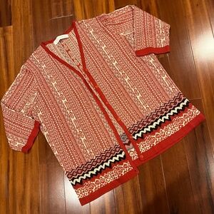 CAMELA Silk Cardigan Sweater Red Shimmery Shiny Pattern Half Sleeve Sz 42 Large